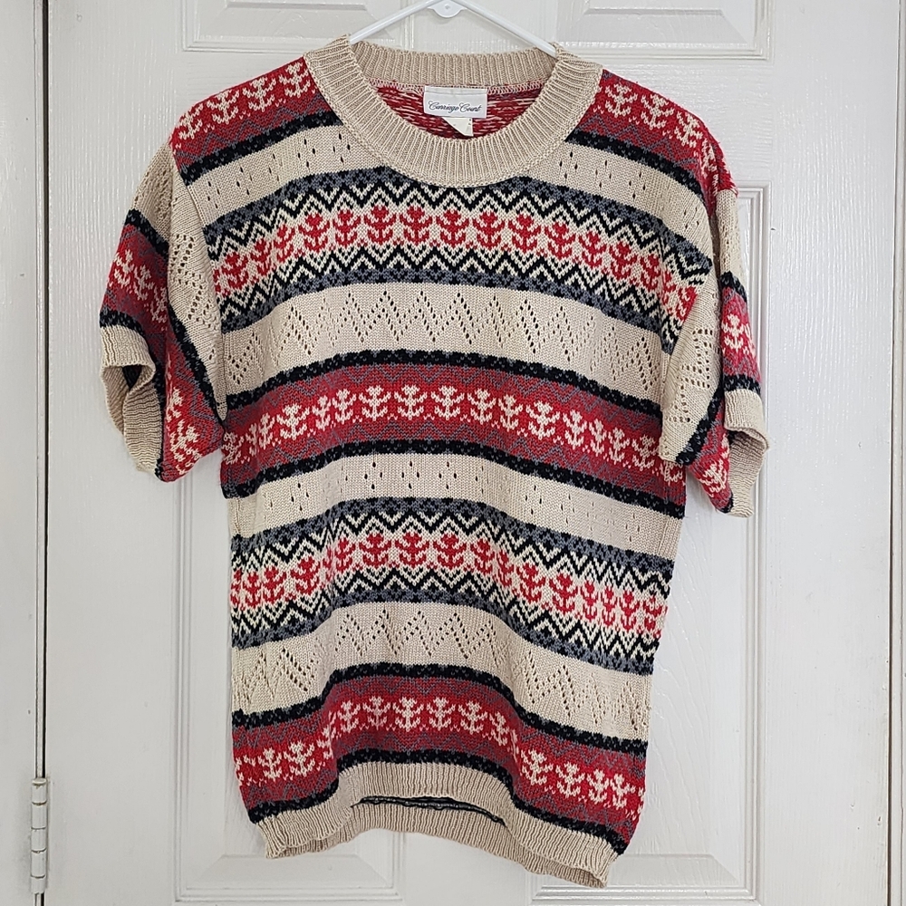 VTG Carriage Court Fair Isle Knit Short Sleeve Sweater Top - Size Medium